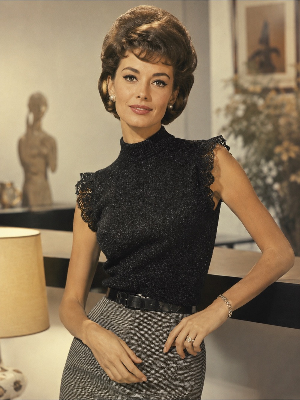 Vintage 1960s R.P. Knitting Metallic Mock Neck Sweater Top – Lace Ruffle Sleeves